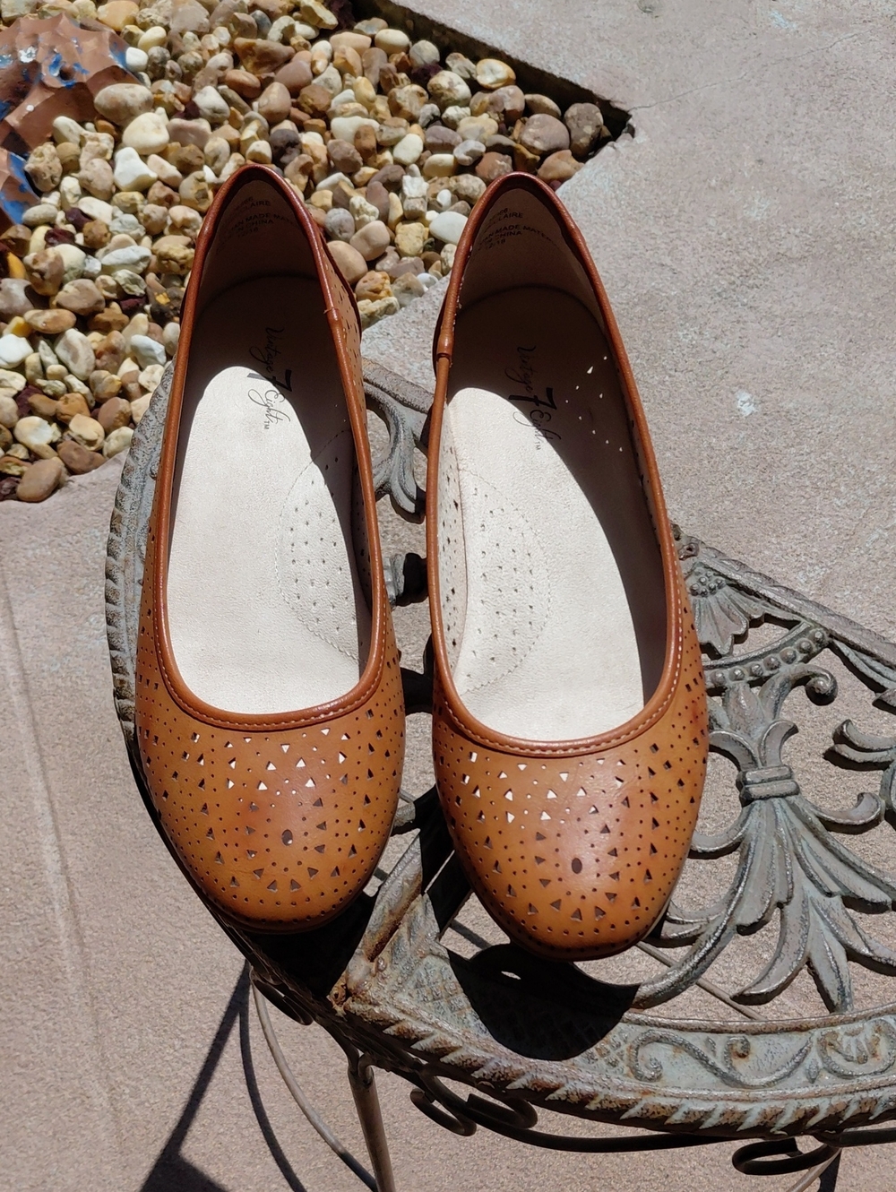 Vintage 7 Eight Tan Laser-Cut Slip-On Ballet Flats